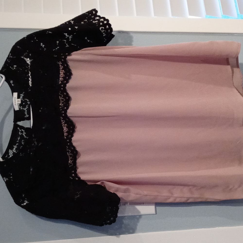 Beige and black ptp 20 pleione lace short sleeve blouse size medium
